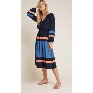 Anthropologie Current Air Aidy Colorblock Navy Blue Midi Dress V- Neck Sz L